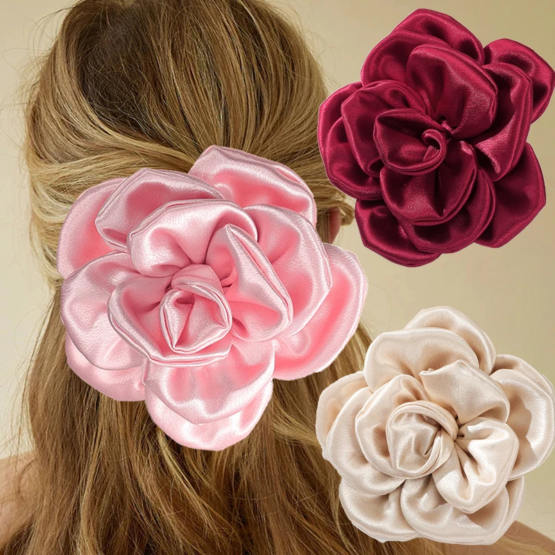 

15cm Big Fabric Flower Hairpin Women Exaggerate Satin Rose Hair Clip Girls Party Fashion Artificial Flower Duckbill Clip Jewelry