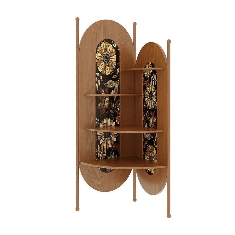 

French retro living room screen rack, solid wood corner cabinet, movable storage, triangular cabinet