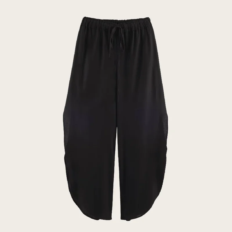 2026 New Summer Women's Casual Mid-Waist Wide Leg Pants Elastic Side Slit Polyester Fiber Comfortable Loose Fit Long Trousers