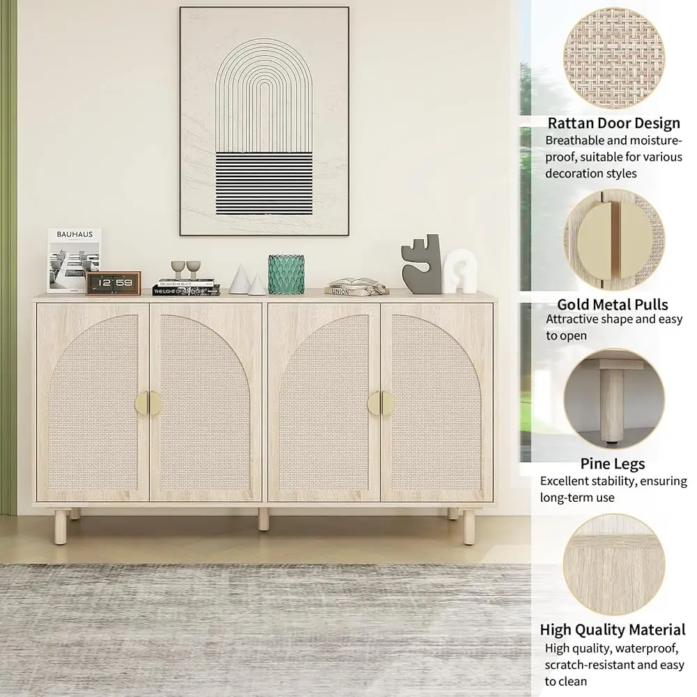 Beige Rattan 4-Door Buffet Cabinet - Boho Style Sideboard With Storage For Dining & Living Room