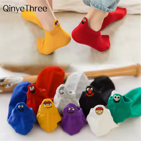 Kawaii Embroidered Expression Candy Color Women Socks Happy Fashion Girls Ankle Funny Sokken Cotton Unisex Christmas Dropship