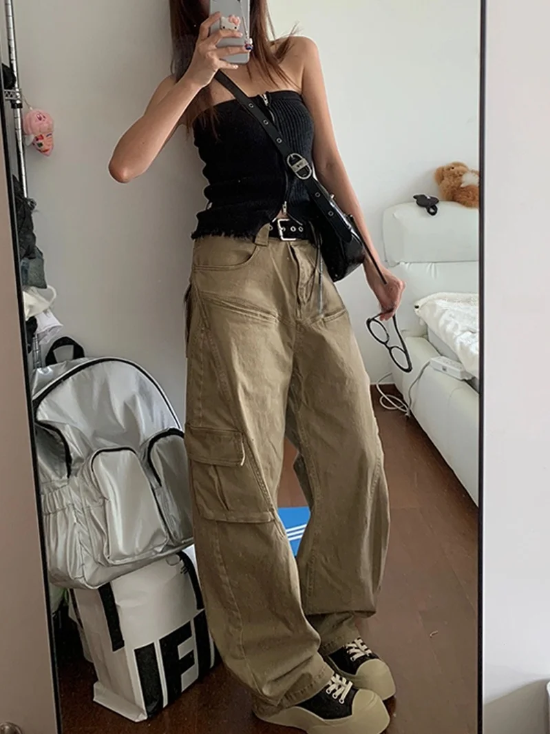 

Khaki Color Women's Loose Wide Leg Workwear Pants Multi-Pocket Design Casual Street Style High Waist Long Trousers
