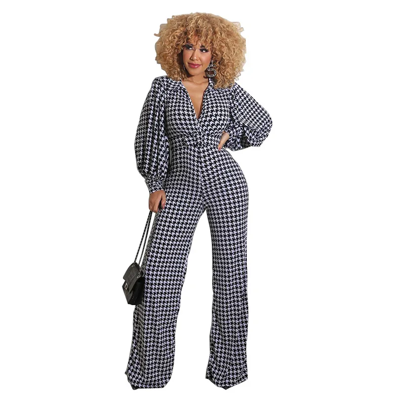 VOLALO  Jumpsuits Women Lapel One Piece Romper Elegant Bird Lattice Straight Trouser Jumpsuit With Sash Wholesale Dropshipping