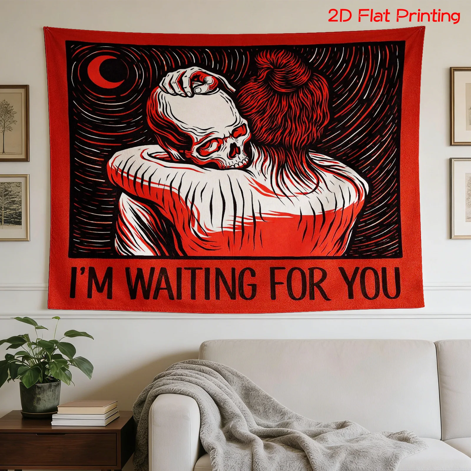 VIKAMA Dark Style Skeleton Embracing Tapestry Red and Black Retro I'm WAITING FOR YOU Text Printing Halloween Horror