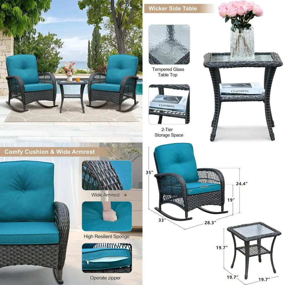 

"Two-Piece Outdoor Wicker Rocking Chairs with Coffee Table, Patio Bistro Set Including Cushions for Balcony Comfort"