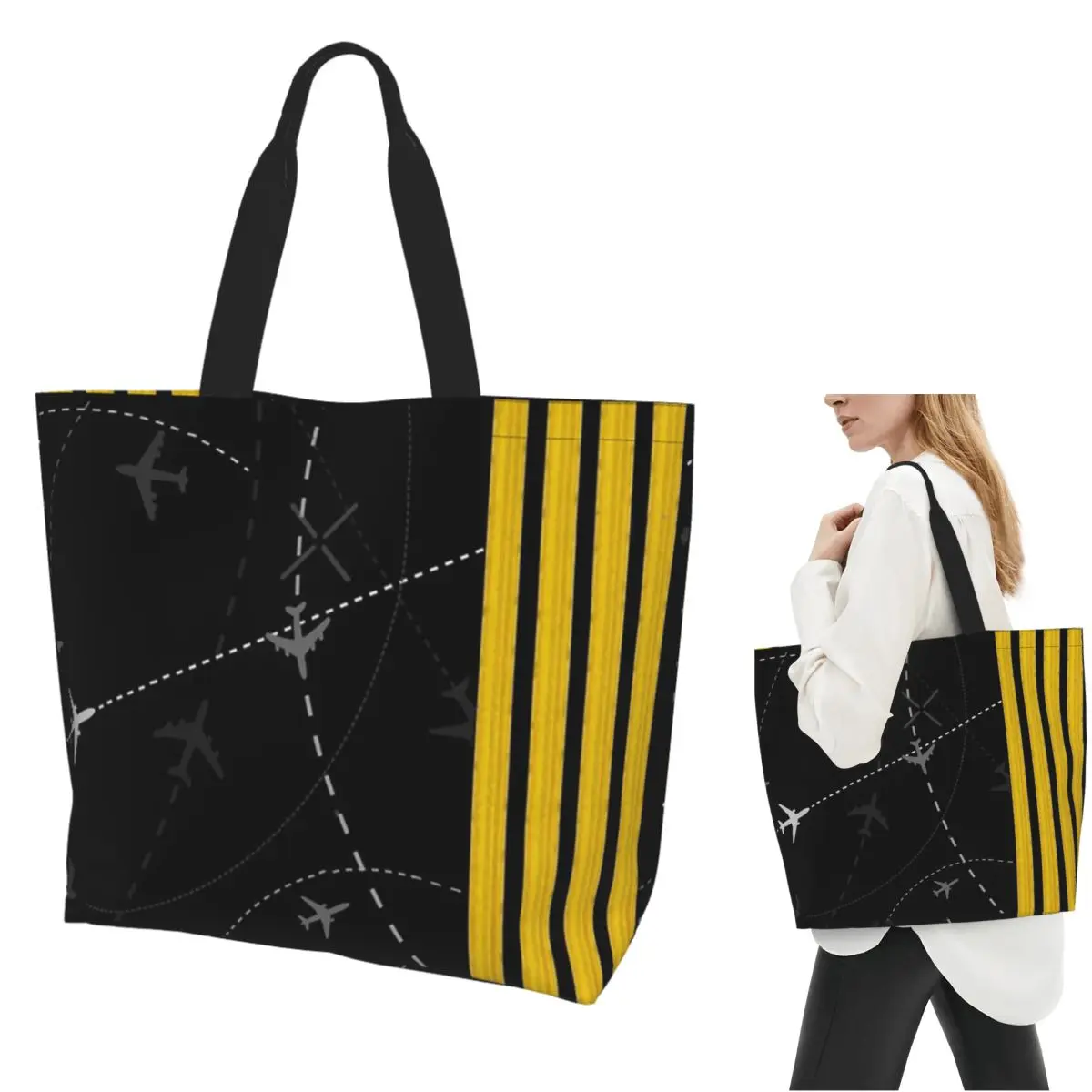 Flight Routes Stripes Epaulettes Shopping Tote Bag Canvas Large Capacity Shoulder Bags Shopper Grocery Handbag for Women