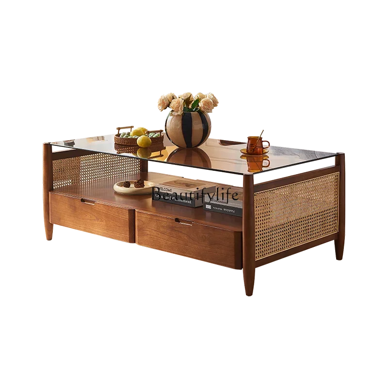 01Solid Wood Living Room Rectangular Rattan Glass Coffee Table Simple Side Table Modern Small Apartment Home