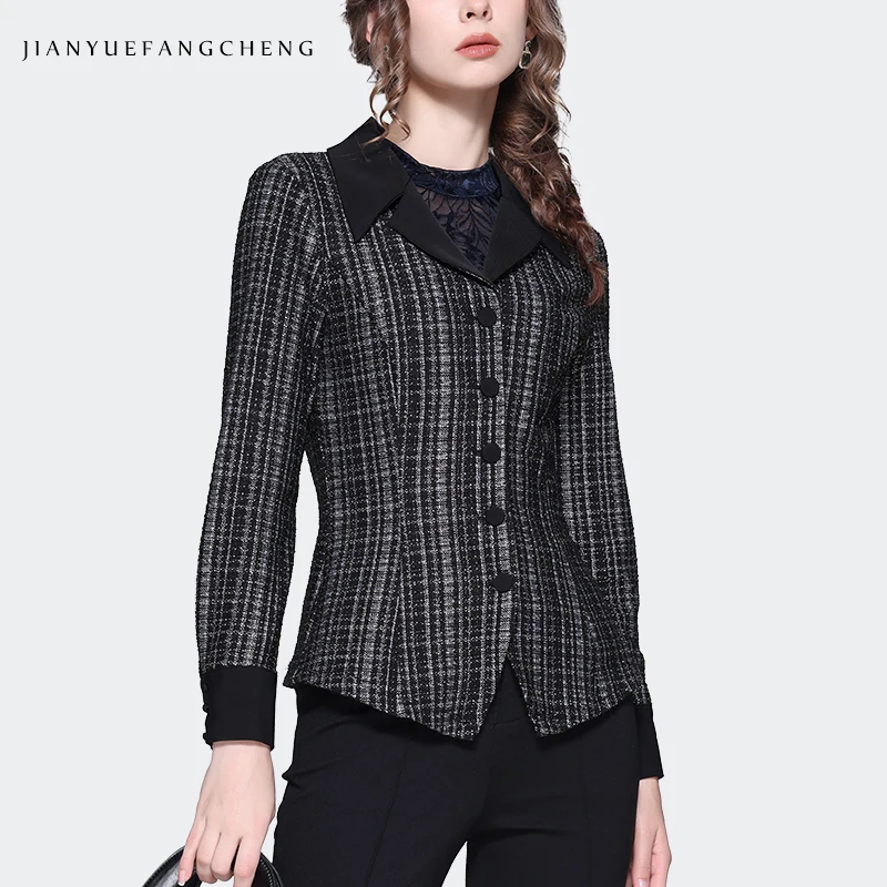 2023 Autumn Checkered Shirt Top Women\'s Suit Collar Thick Flower Woolen Blazer Elegant Slim Vintage Woolen Plaid Shirt