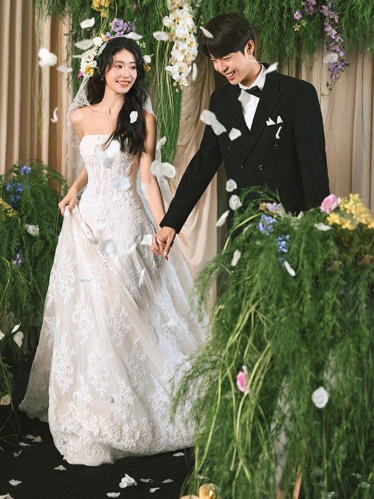 

Retro Sle Lace Wedding Dr 2026 New Collection Bridal Gown with Train for Hotel Indoor Ocns Svel Long Skirt