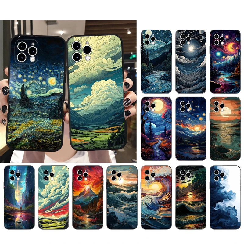 Moon Wave Cloud River Mountain Sceneary Phone Case For iphone 16 15 14 Pro Max 16 15 14 13 12 Pro 15Plus iphone 11