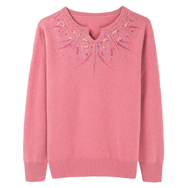 2023 Autumn New Solid Color Round Neck Long Sleeve Cashmere Sweater Women Vintage Embroidered Rhinestone Pullovers All-match Top