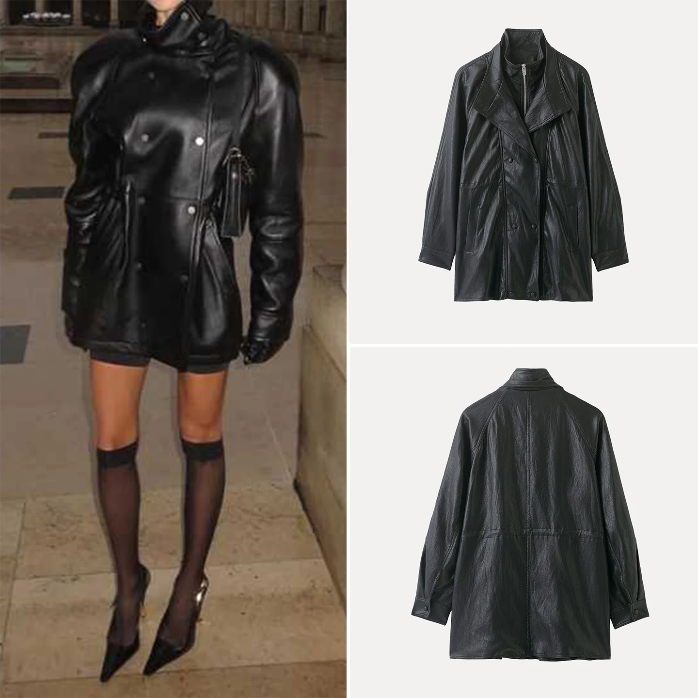 معطف نسائي من Faionable بلون نقي طويل من الجلد Sve للخريف بتصميم جديد Sle مع سحاب للإغلاق معطف متوسط الطول #1