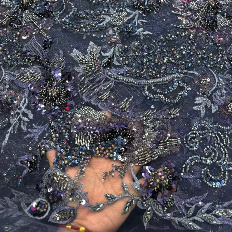 

African Beaded Lace Fabric French Tulle Lace Fabric High Quality Floral Embroidery Sequins Bead Heavy Bridal Wedding Party Dress