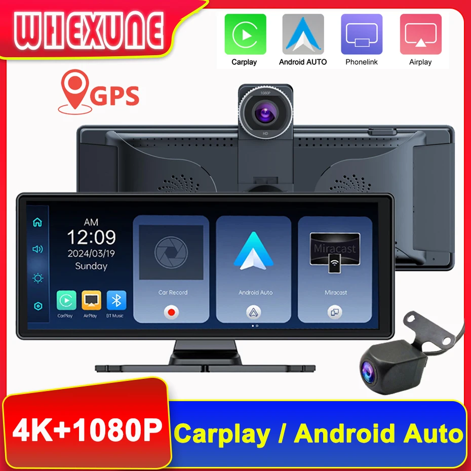 

10.26" 4K Dash Cam Carplay Android Auto GPS 5G WIFI FM BT Car Dvr 360 ° Rotation Dual Lens Dashcam Truck Camera Drive Recorder