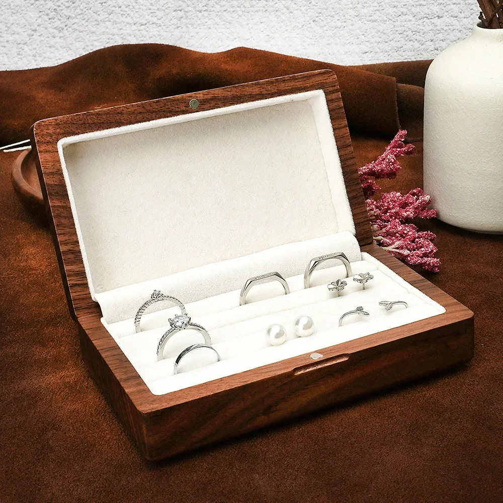 10*8cm Personalized Engraved Wooden Jewelry Box With Bag Ring Earrings Holder Big Walnut Jewels Storage & Display Box Free Logo