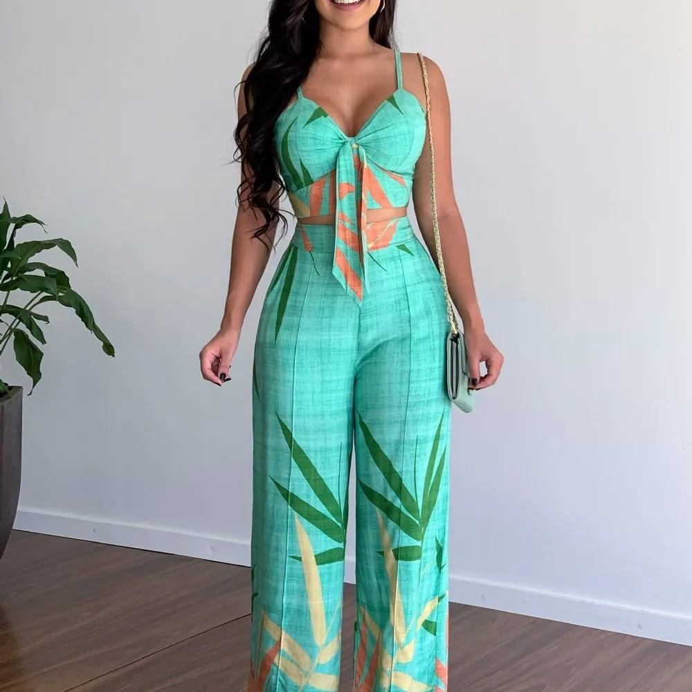 Sexy Neckholder-Top, trägerlos, rückenfrei, Top für Damen, bedruckt, lange Hosen, Damenmode, lässig, Urlaub am Meer, lange Hosen, 2-teiliges Set