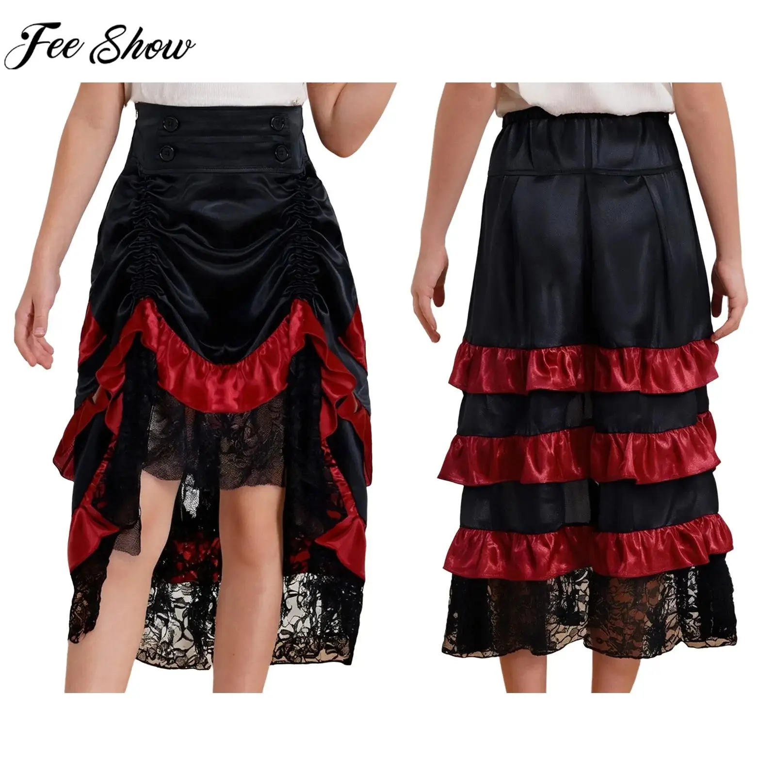 

Детский карнавальный костюм на Хэллоуин для девочек, средневековый костюм эпохи Возрождения, многоуровневая юбка с высокой талией и рюшами в викторианском стиле, готическая юбка в стиле стимпанк