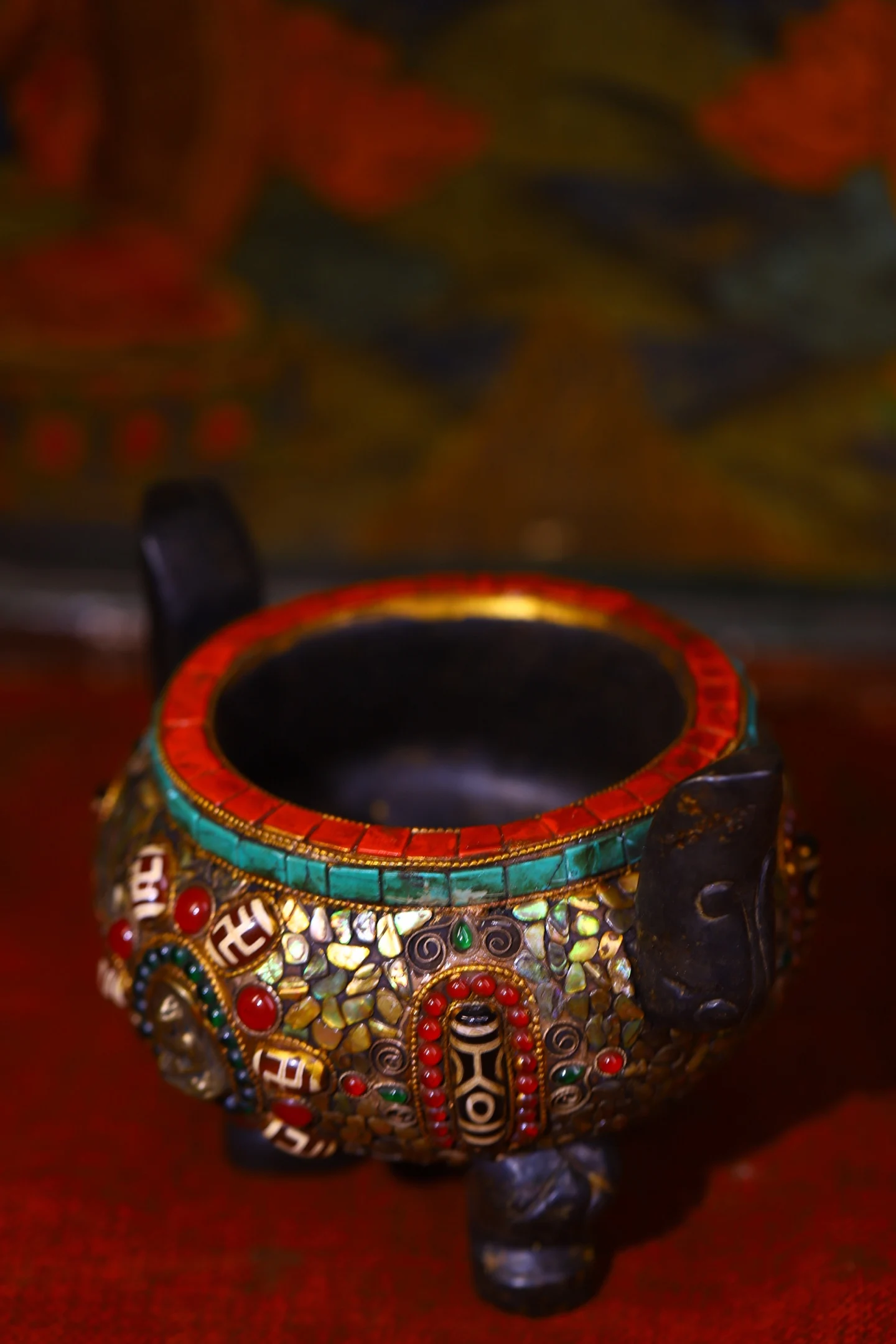 9 "مجموعة معبد التبت القديم النيزك الطبيعي فسيفساء جوهرة gZi الخرز قذيفة الفيروز شاكياموني نمط Luding البخور الموقد