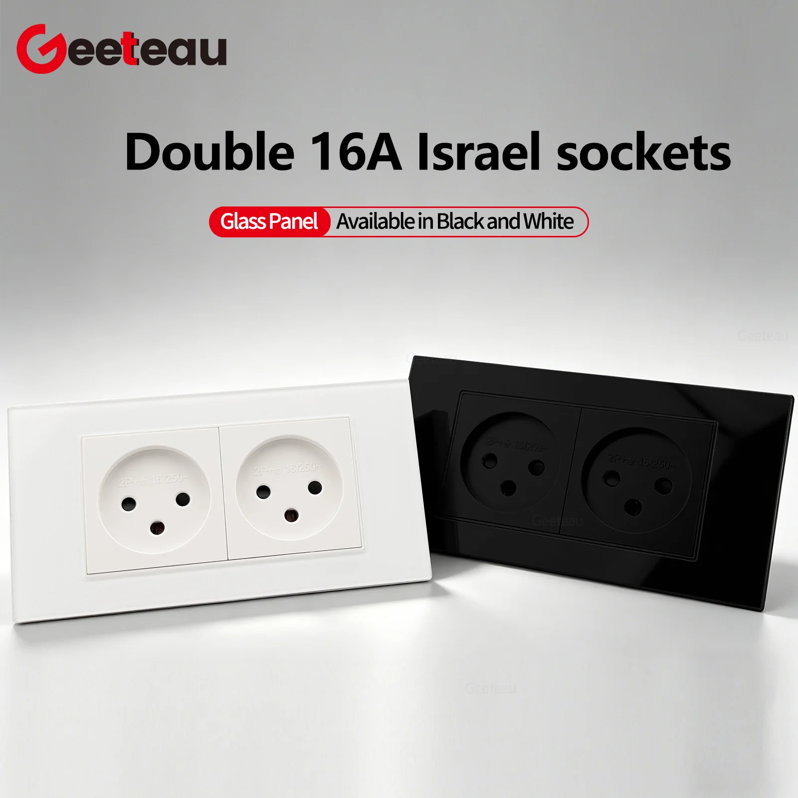 

Geeteau Israel Palestine Black White Double Socket 145mm Glass Panel Safety Buckle Premium Large Copper Wall Mount Power Outlet