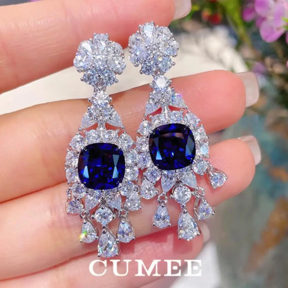 CUMEE. New Love Drop Earrings for Women Luxury Royal Blue Cultivated Synthetic Blue Gemstone Silver Plated Gold Earrings