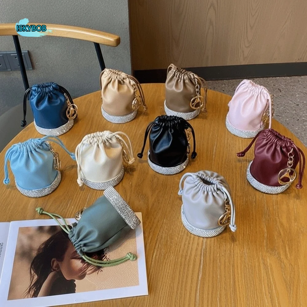 

Light Luxury Bucket Coin Purse Wax Rope with Keychain Drawstring Mini Handbag Versatile Design Lipstick Bag Earphone Storage Bag