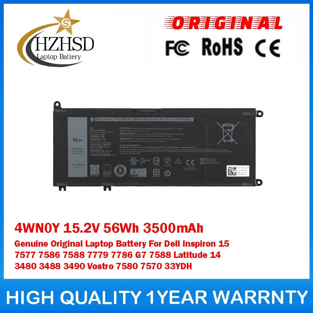 4WN0Y 15.2V 56Wh 3500mAh Genuine Original Laptop Battery For Dell Inspiron 15 7577 7586 7588 7779 7786 G7 7588 Latitude 14 3480