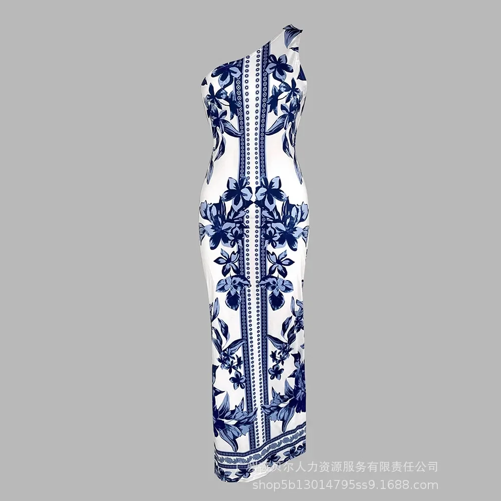 Letnia sukienka bodycon z kwiatowym nadrukiem na jedno ramię, bez rękawów, seksowna sukienka midi z rozcięciem