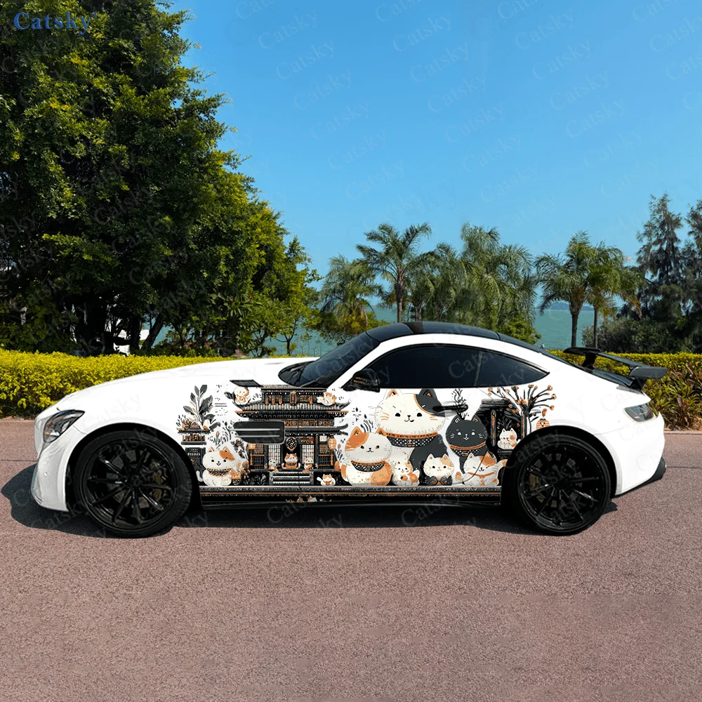 

Lucky Cats Ancient Building Car Side Sticker Decor, PVC Waterproof Scratch Resistant Decal,Car Protection, Auto Accessories Gift