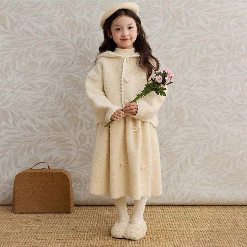 Girls Suits 2024 Winter New Girls Apricot Cashmere Cardigan Sweater and Skirt Two-piece Set Korean Simple Style Clothes Suits