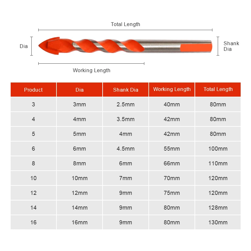 3-16mm Multifunctional Glass Metal Tile Drill Bit Triangle Diamond Drill Set Ceramic Concrete Brick Wood Punching Hole Saw Drill