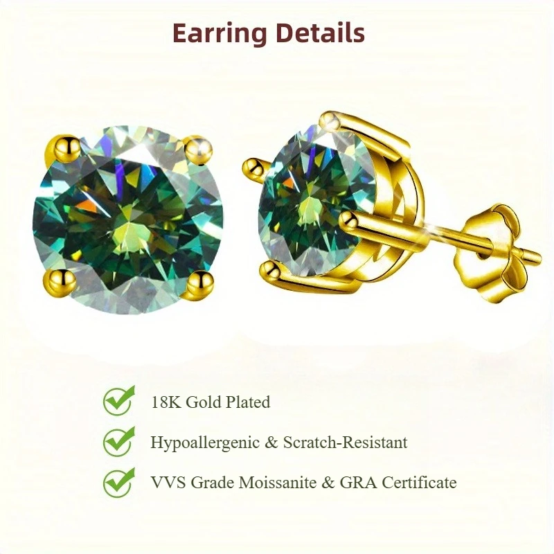 

A Pair of 0.5/2Carat Synthetic Moissanite Earrings, with Golden Plated, Minimalist Jewelry, Women's and Men's Earrings.