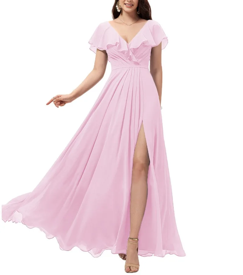 

Sweet Ruffles Chiffon Evening Long Dress Women 2024 V-neck Chic Designed Formal Party Gowns Solid Simple Vestidos Noche