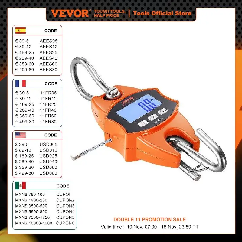 VEVOR 300/400 kg Digital Crane Scale Industrial Heavy Duty Handheld Hanging Scale with Hooks for Farm Hunting Outdoor Fishing