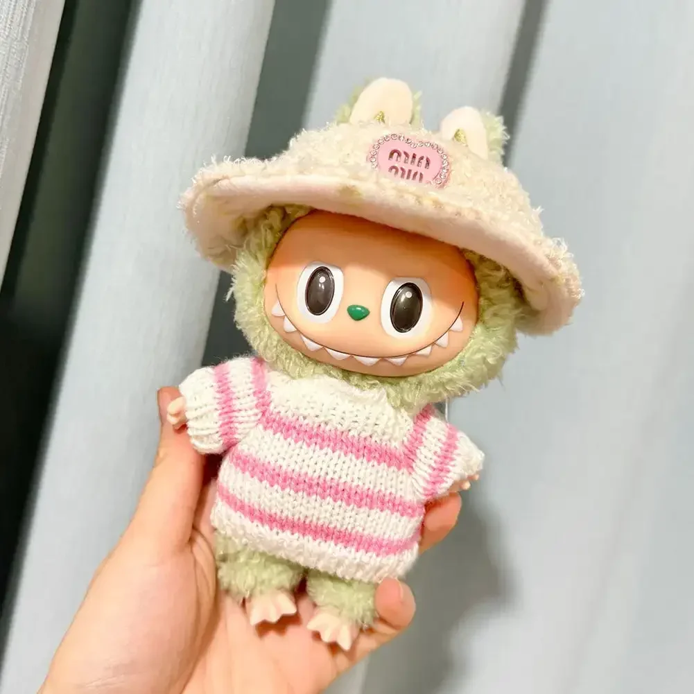 Mini Plüsch Doll\'s Kleidung Outfit Accessoires für Korea Labubu V1 V2 Idol Sitz party rosa und weiß gestreiften Pullover Kleidung