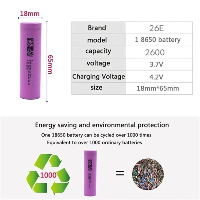 Baterai Lithium Isi Ulang 3.7V 2600mAh INR18650-26E, Ringan & Serbaguna untuk Berbagai Perangkat