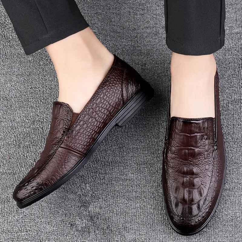 Men’s Casual Genuine Leather Shoes Brand Comfort Slip on Formal Business Loafers Men Crocodile Pattern Black Male Driving Shoes