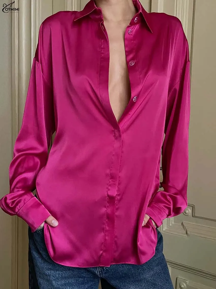 

Oymimi Fashion Rose Red Women's Shirt Summer Turn-Down Collar Long Sleeve Blouses Elegant Single Breasted Simple Shirts Female