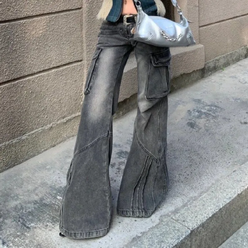 Deeptown Y2k Vintage Cargo Jeans Woman America Style High Street Grunge Flare Denim Pants Korean Fashion Gothic Black Trousers