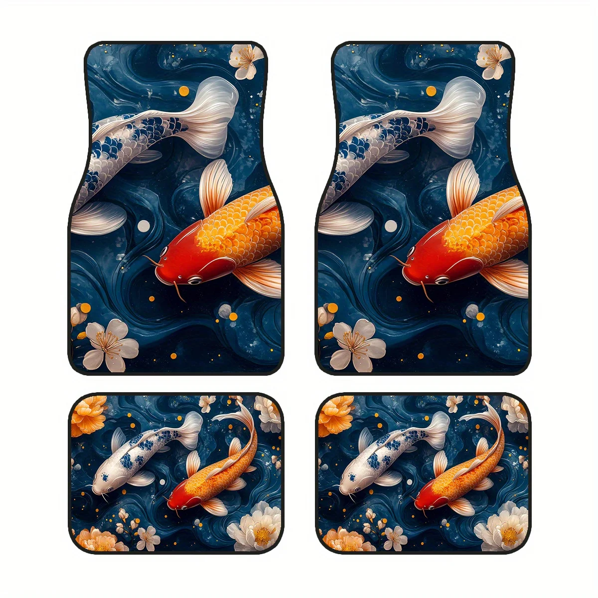 4pcs, Non-Slip Polyester Car Floor Mats Featuring A Koi Pond Design, Suitable For Sedans And Suvs, Serving As Interior Decor And