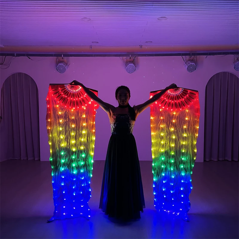 Belly Dance Props Rainbow LED Silk Fan Veil 180cm for WomenBelly Dancing Performance LED Costumes Stage Show Party Wedding