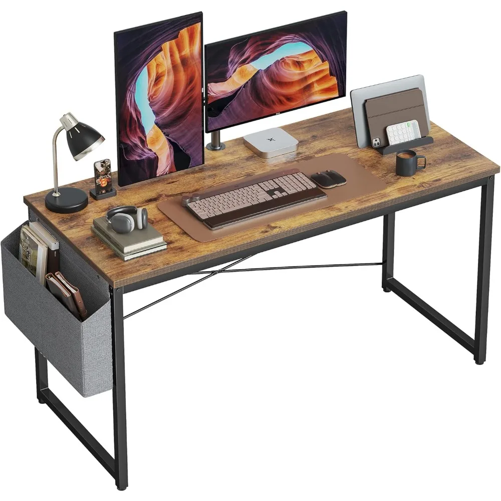 

Computer Desk 55 inch Home Office Writing Study Desk, Modern Simple Style Laptop Table with Storage Bag, Brown