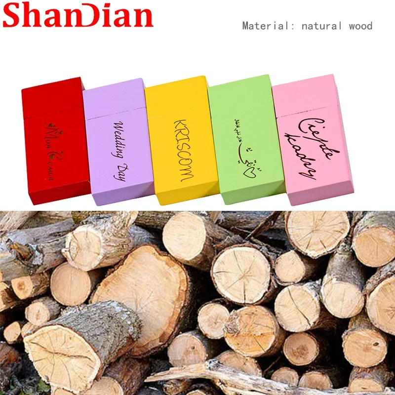 다채로운 나무 USB 플래시 드라이브, 무료 사용자 정의 로고 메모리 스틱, 64GB 100% 실제 용량 펜 드라이브, 128GB, 32GB, 16GB, 창의적인 선물