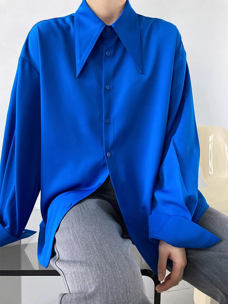 Women's irt Spring Autumn Drape Anti-Wrinkle Pointed Collar Top Comfortable Fit Long Sve Pure Color TT278