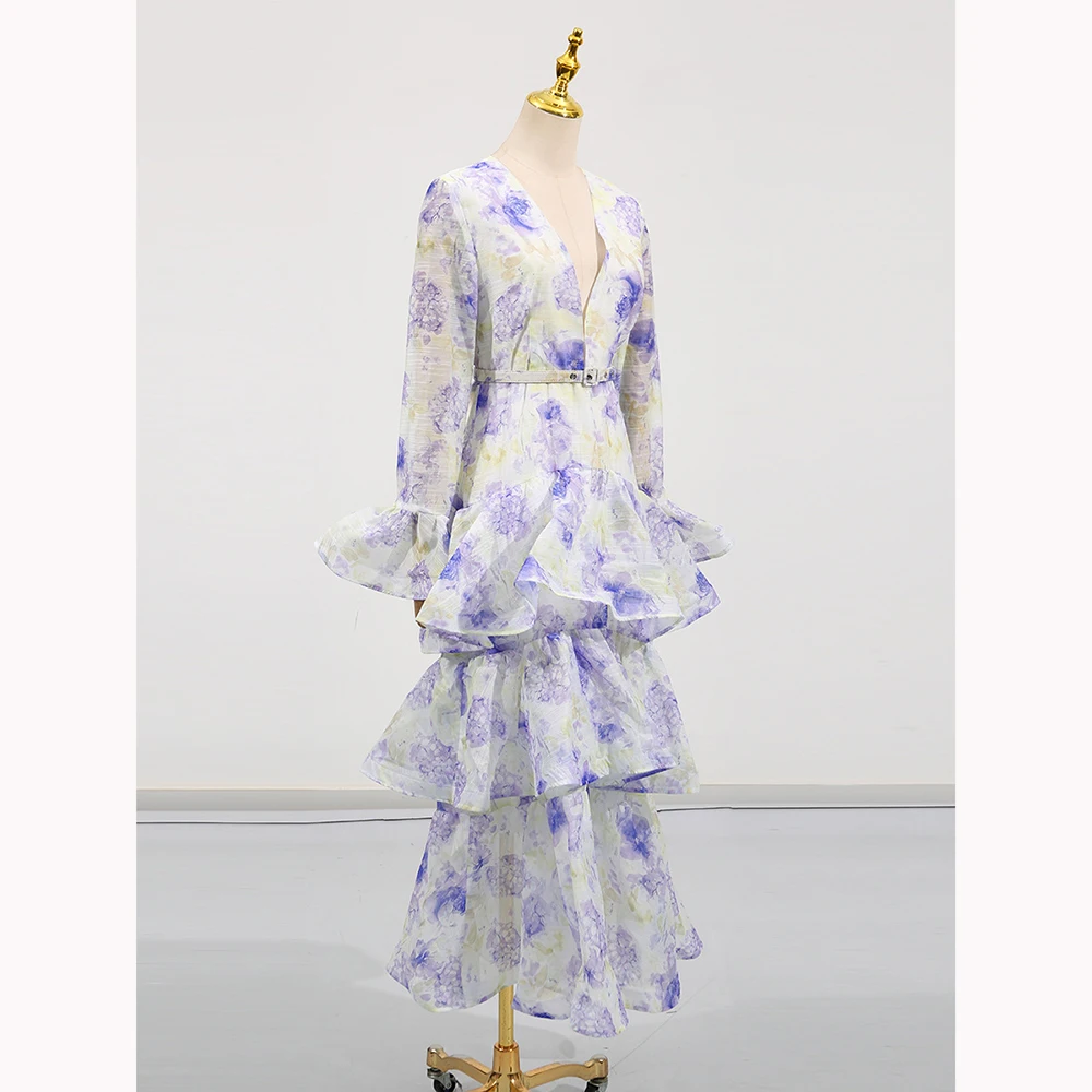 2025 verão vestido feminino profundo decote em v floral plissado em camadas maxi vestido sino manga magro elegante temperamental vestido de festa