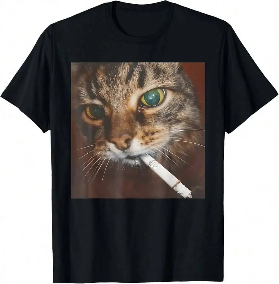 Funny Smoking Cat, Cigarette Kitty Gen Z Meme, Cat Lover T-Shirt 100% Cotton Trendy Y2K Short-Sleeve Tee-Soft, Quick-Drying,