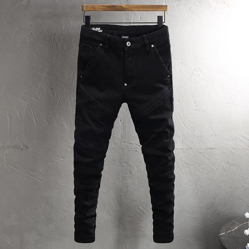 

Streetwear Fashion Men Jeans High Quality Black Stretch Slim Fit Spliced Designer Biker Jeans Patched Hip Hop Denim Pants Hombre