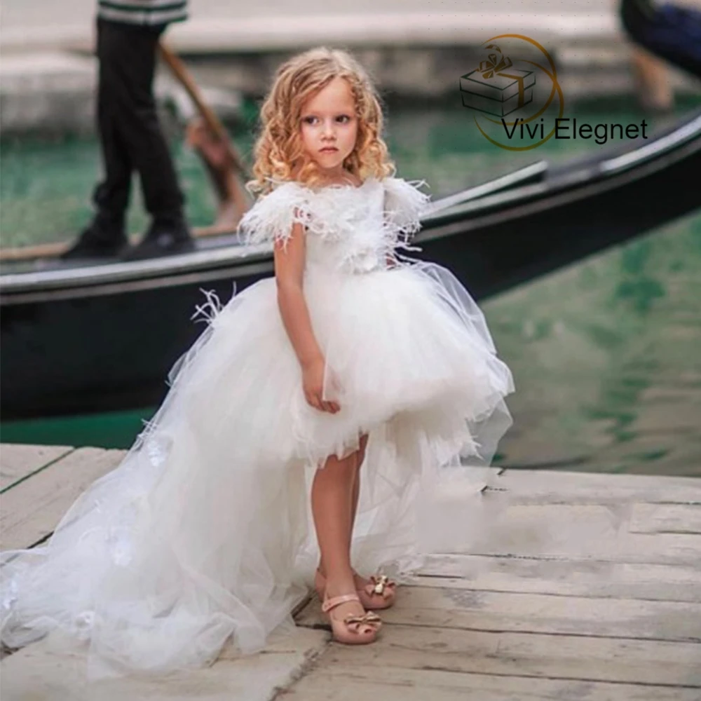 Short Sleeve Christening Girl Dress 2023 Fashon Flower Girl Dresses for Wedding White High/ Low Floor Length New שמלות כלה שנייה