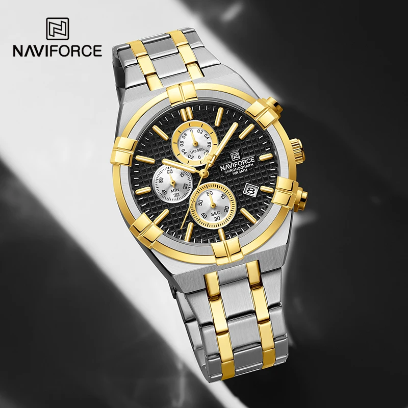 NAVIFORCE Men\'s Luxury Wristwatches Stainless Steel Strap Waterproof Quartz Calendar Man Clock Business Male Chronograph Watches