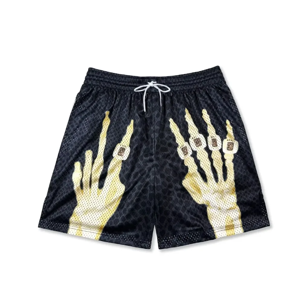 Skeleton Hands Championship Rings Mesh Shorts Leopard Print Drawstring Casual Streetwear Basketball Shorts For Men