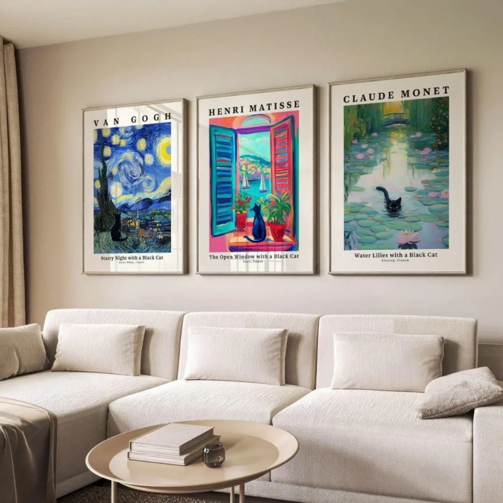 3pcs Frameless Black Cat Prints for Cat Lovers Gifts Van Gogh Cat Matisse Painting Monet Water Lily Living Room Bedroom Decor